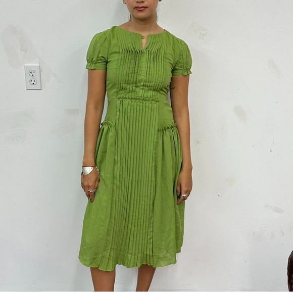 Vintage Retro Lime Green Pleated Midi Dress Size S - Picture 1 of 8